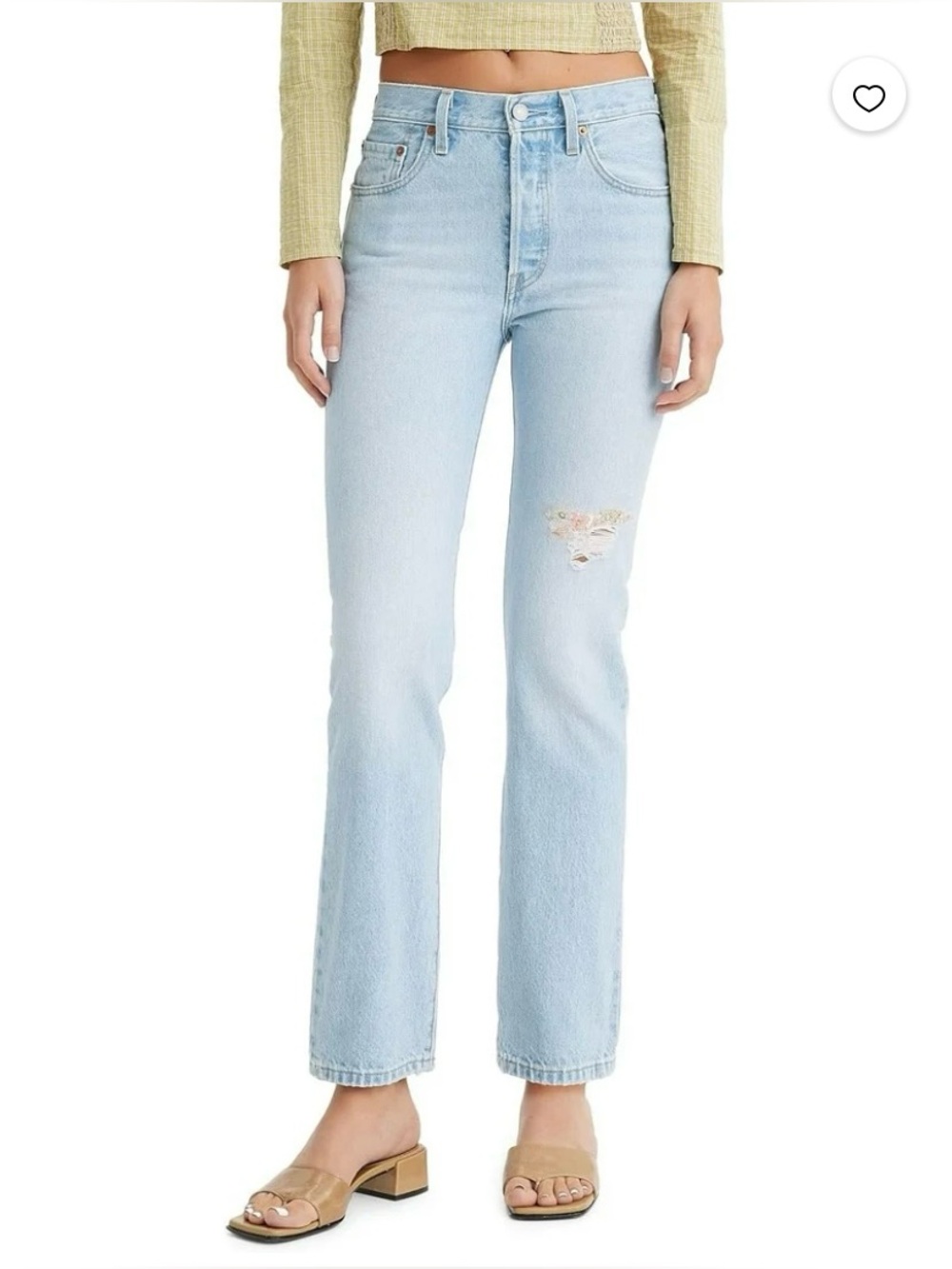 Levi's Women's 501 Original Fit Jeans Light Indigo Distressed With Floral Patch